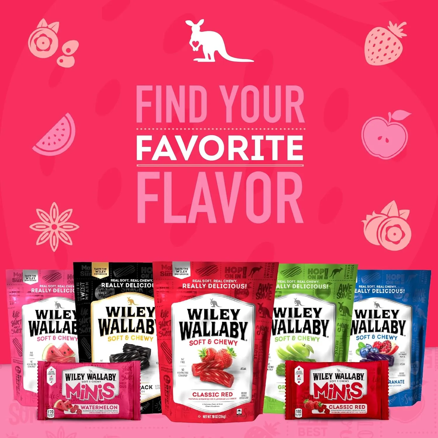 Wiley Wallaby Classic Red Mini Licorice Bites 3.5 Ounce Gourmet Soft & Chewy Australian Strawberry Licorice Candy Bags, 18 Pack
