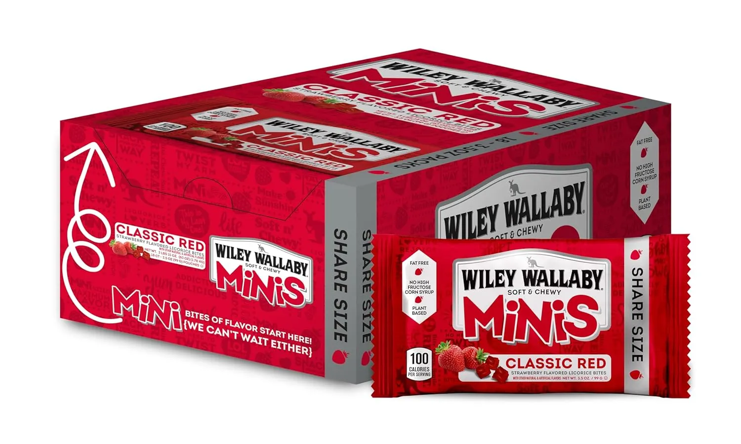 Wiley Wallaby Classic Red Mini Licorice Bites 3.5 Ounce Gourmet Soft & Chewy Australian Strawberry Licorice Candy Bags, 18 Pack