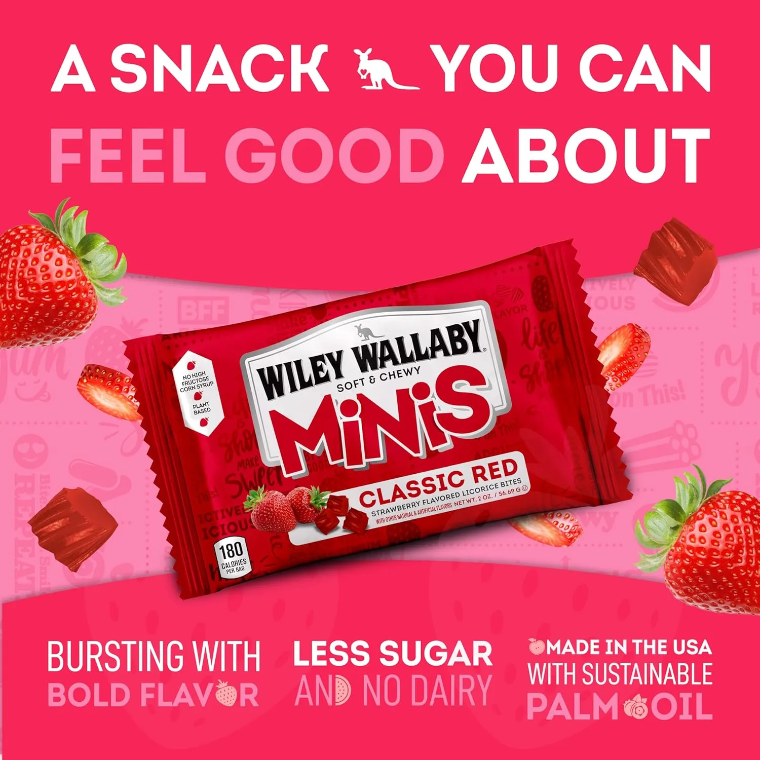 Wiley Wallaby Classic Red Mini Licorice Bites 3.5 Ounce Gourmet Soft & Chewy Australian Strawberry Licorice Candy Bags, 18 Pack