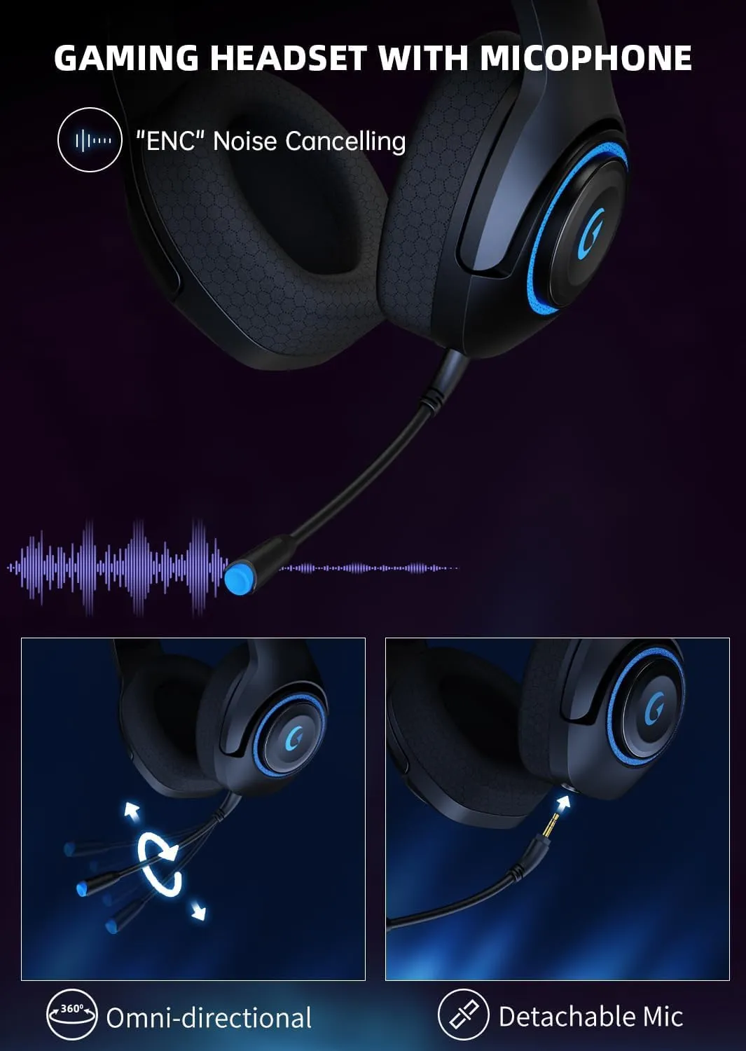 Wireless Gaming Headset for PS5/PC/Switch - 2.4GHz Ultra-Low Latency, 3D Surround Sound | 40Hr Playtime, Detachable Mic & Dual Connectivity - Wireless Gaming Headphones for PC, Phone, Laptop, Mac