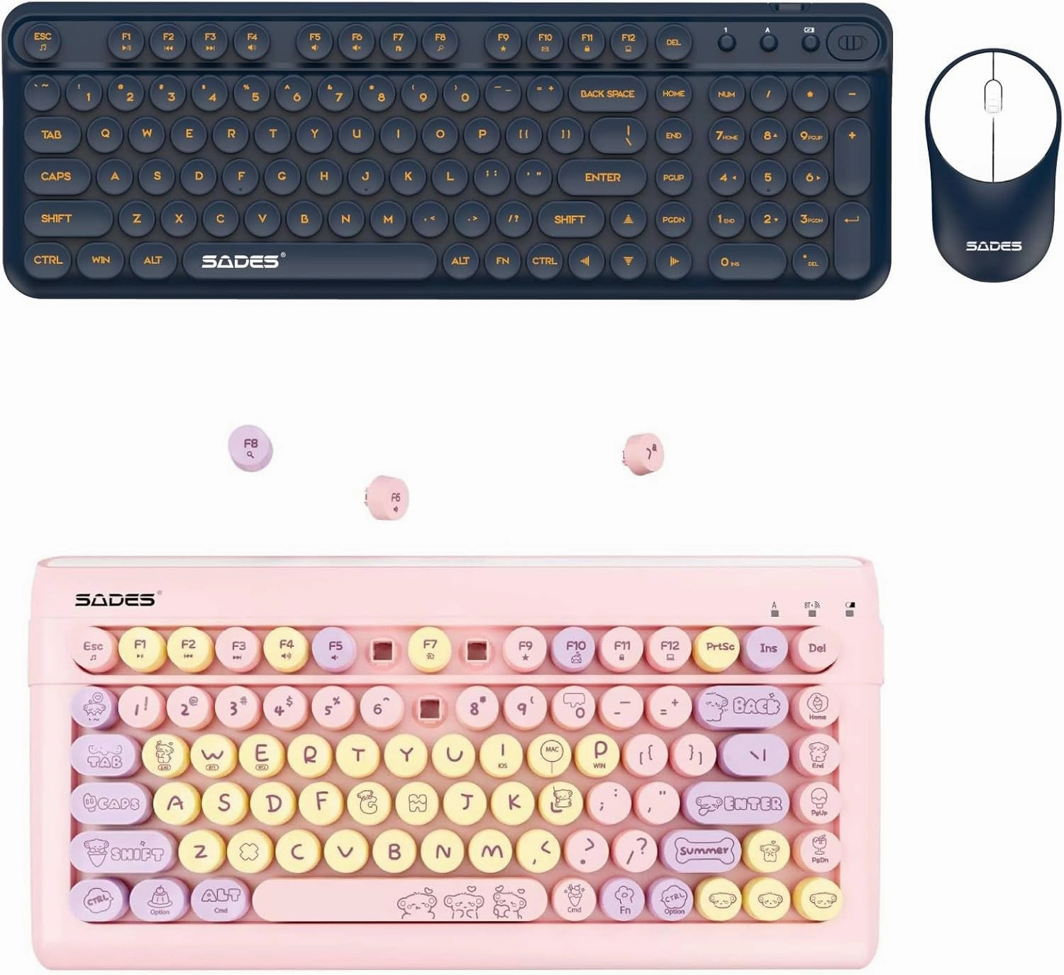 Wireless Keyboard and Mouse Combo & Bluetooth Keyboard, Typewriter Retro Round Keycaps Keyboard(Blue and Pink)