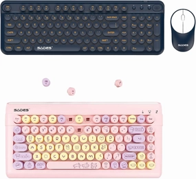Wireless Keyboard and Mouse Combo & Bluetooth Keyboard, Typewriter Retro Round Keycaps Keyboard(Blue and Pink)