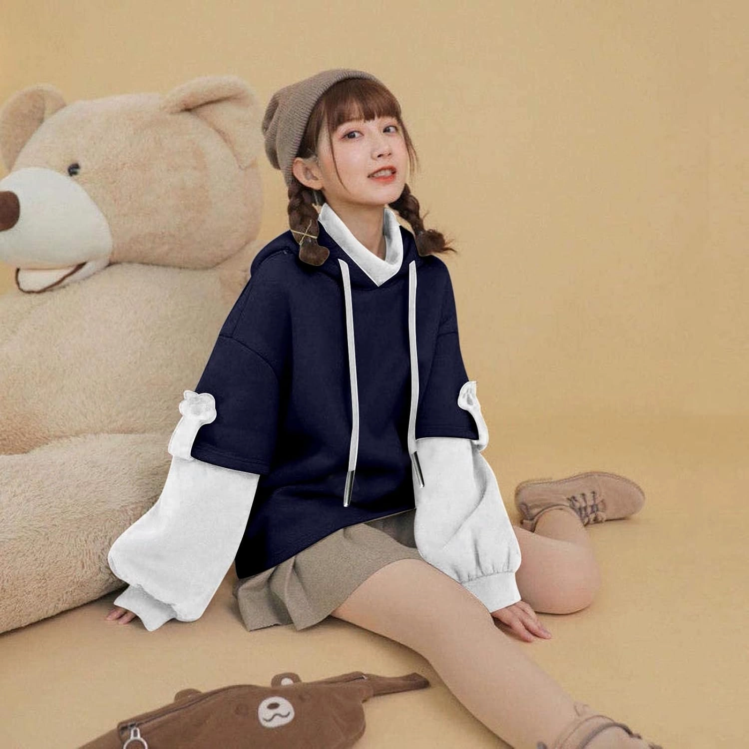 Wkishenl Cute Bear Hoodies for Womens Kawaii Clothes Long Sleeve Aesthetic Sweatshirts Patchwork Shirts with Personality Bag