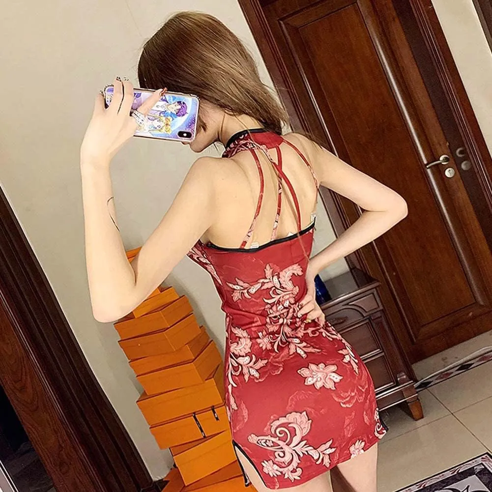 Women Sexy Cheongsam Dress Satin Chinese Qipao Traditional Style Split Short Dress Lady Tight Floral Wedding Dress Uniform