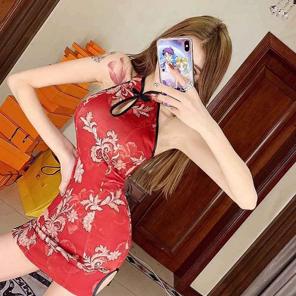 Women Sexy Cheongsam Dress Satin Chinese Qipao Traditional Style Split Short Dress Lady Tight Floral Wedding Dress Uniform