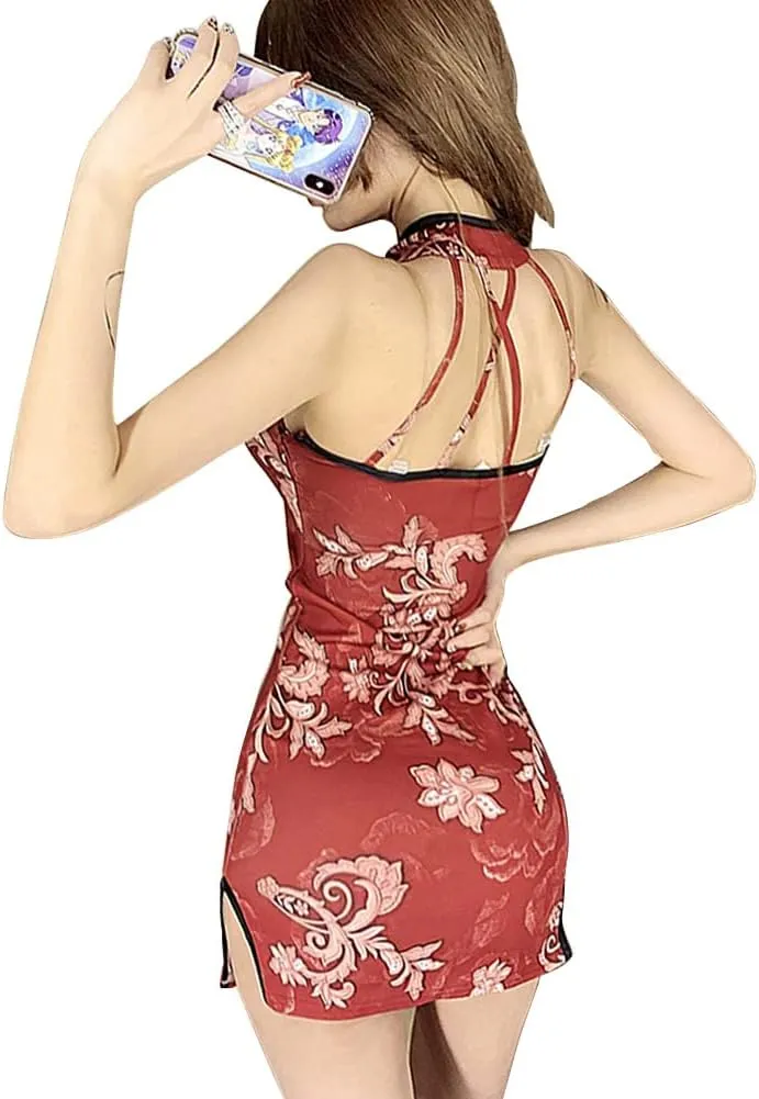 Women Sexy Cheongsam Dress Satin Chinese Qipao Traditional Style Split Short Dress Lady Tight Floral Wedding Dress Uniform