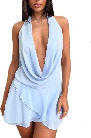 Women Summer Mesh Mini Dress Sexy Halter V Neck Backless Short Dress A Line Going Out Party Cocktail Dresses