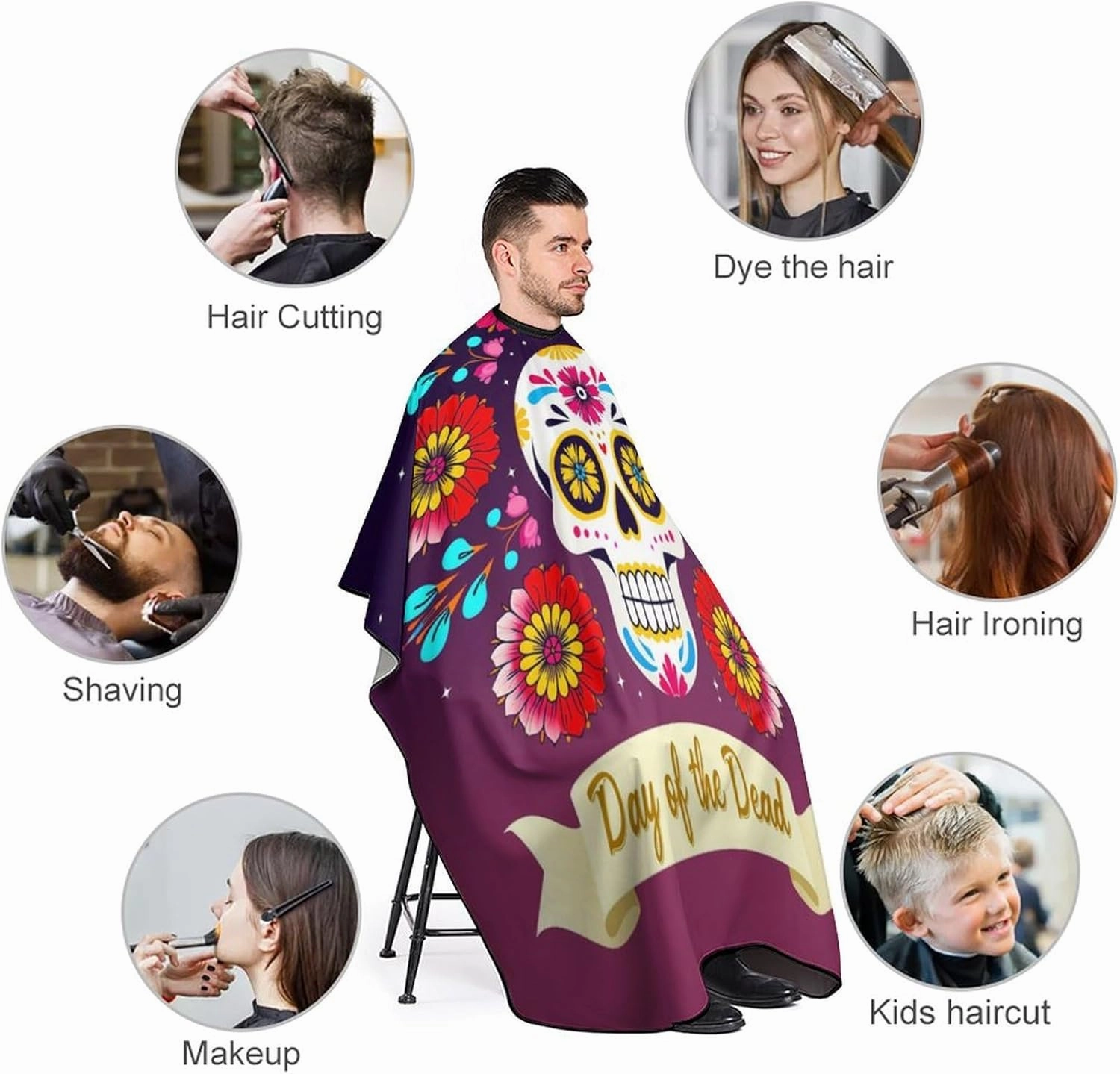 Women Multi Colorful Flowers Sugar Skull Art Hair Salon Cutting Cape - Large Long Hairdressing Apron for Home Stylists, Haircut Tools
