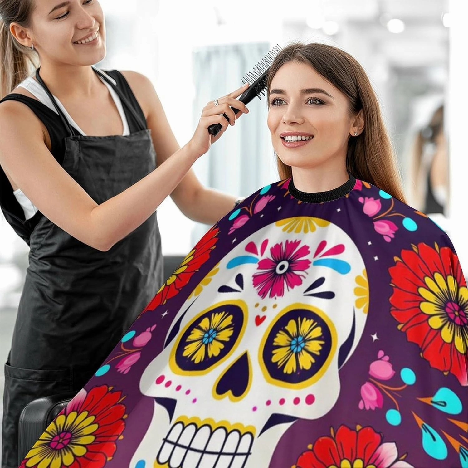 Women Multi Colorful Flowers Sugar Skull Art Hair Salon Cutting Cape - Large Long Hairdressing Apron for Home Stylists, Haircut Tools