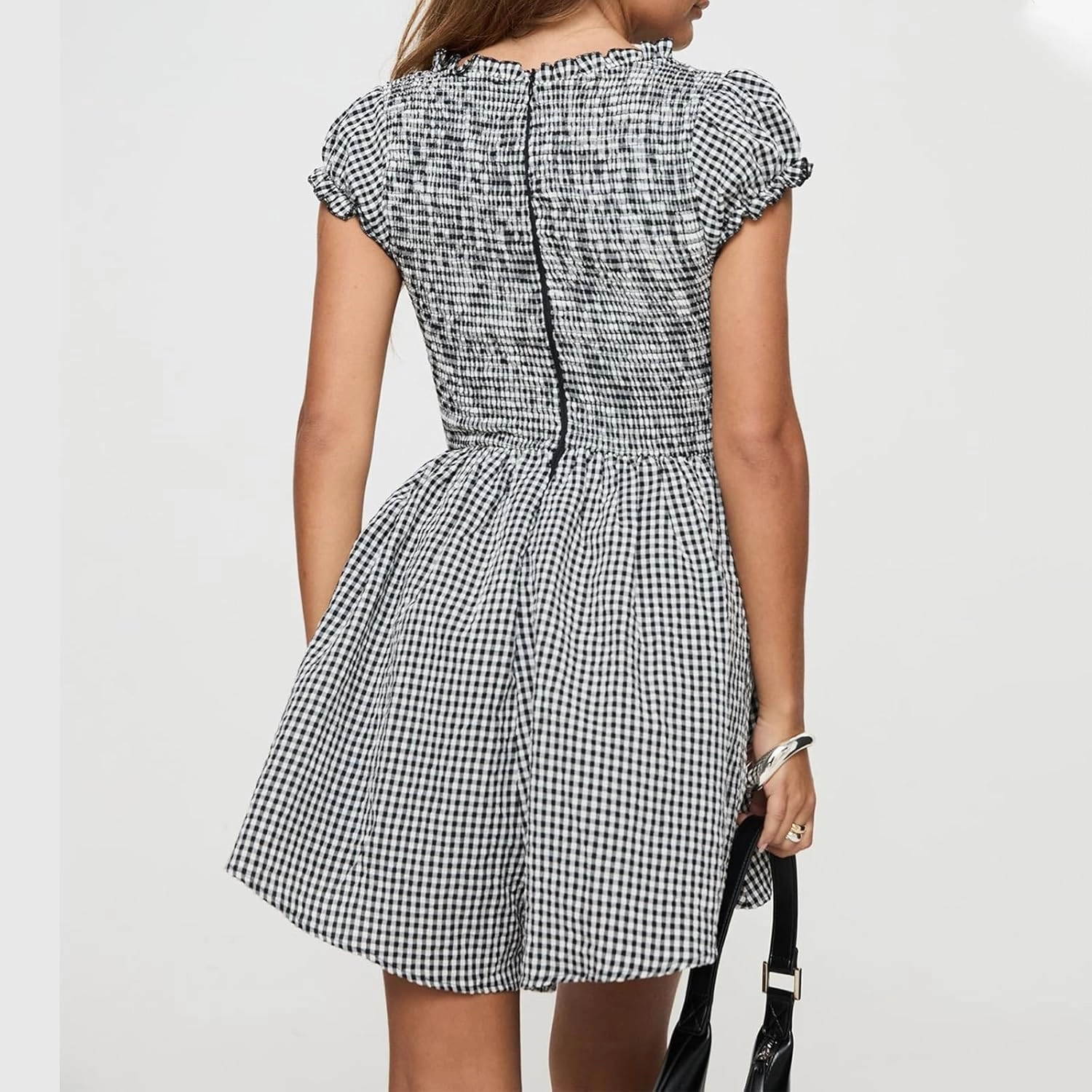 Women Plaid Mini Jumpsuit Dress Deep V Neck Short Ruffle Sleeve A-Line Jumpsuit Casual Summer Dress Streetwear