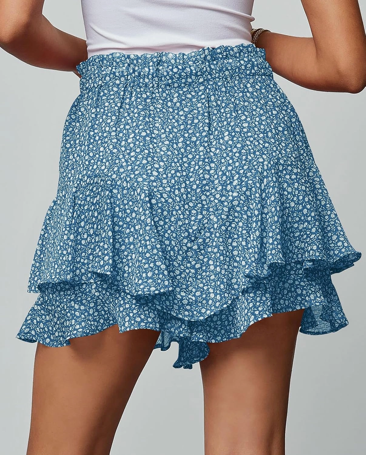 Women's Summer Floral Ruffle Hem Skirt Shorts Elastic High Waist Layered Tiered Boho Mini Skorts Skirts