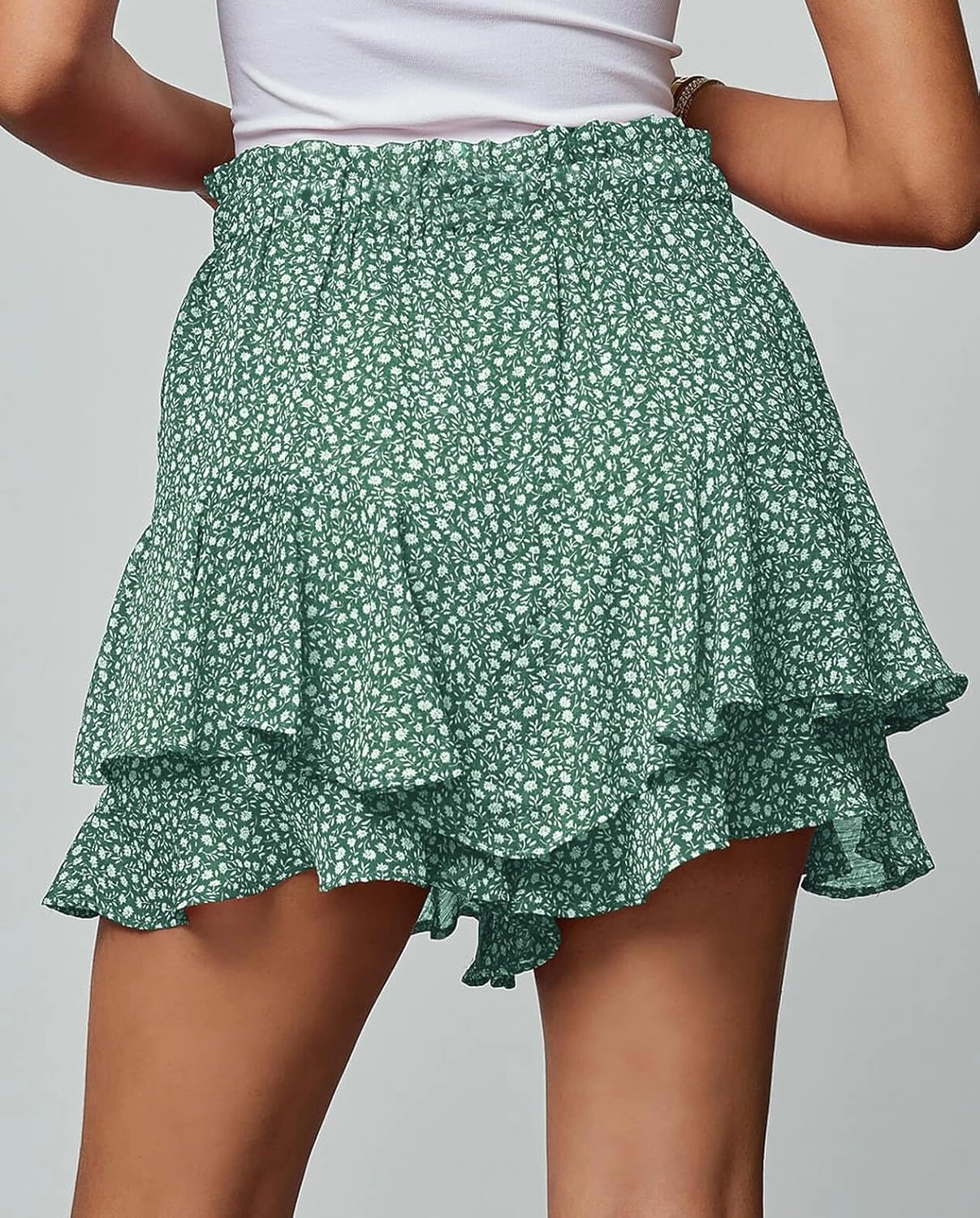 Women's Summer Floral Ruffle Hem Skirt Shorts Elastic High Waist Layered Tiered Boho Mini Skorts Skirts