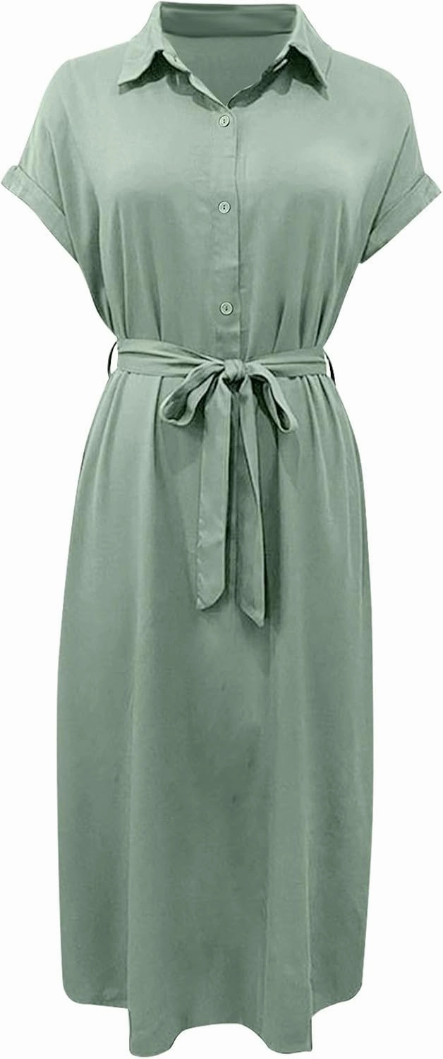 Women's Summer V-Neck Collared Midi Dresses Soft Smocked Tiered Swing Dress with Belt Casual Stretch Elegant Shirt Dress