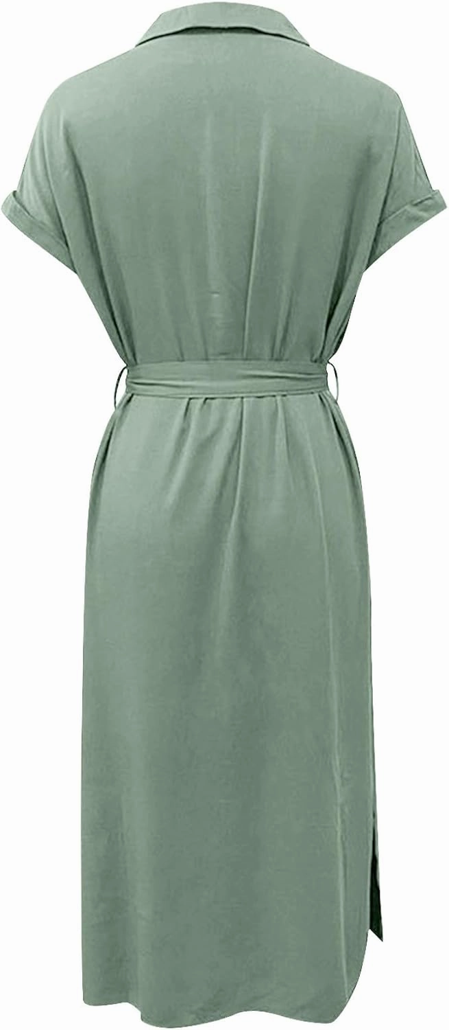 Women's Summer V-Neck Collared Midi Dresses Soft Smocked Tiered Swing Dress with Belt Casual Stretch Elegant Shirt Dress