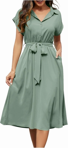 Women's Summer V-Neck Collared Midi Dresses Soft Smocked Tiered Swing Dress with Belt Casual Stretch Elegant Shirt Dress