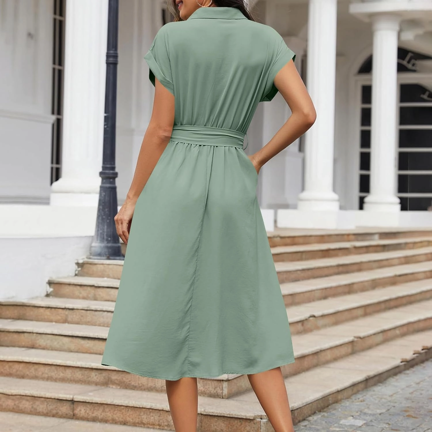 Women's Summer V-Neck Collared Midi Dresses Soft Smocked Tiered Swing Dress with Belt Casual Stretch Elegant Shirt Dress