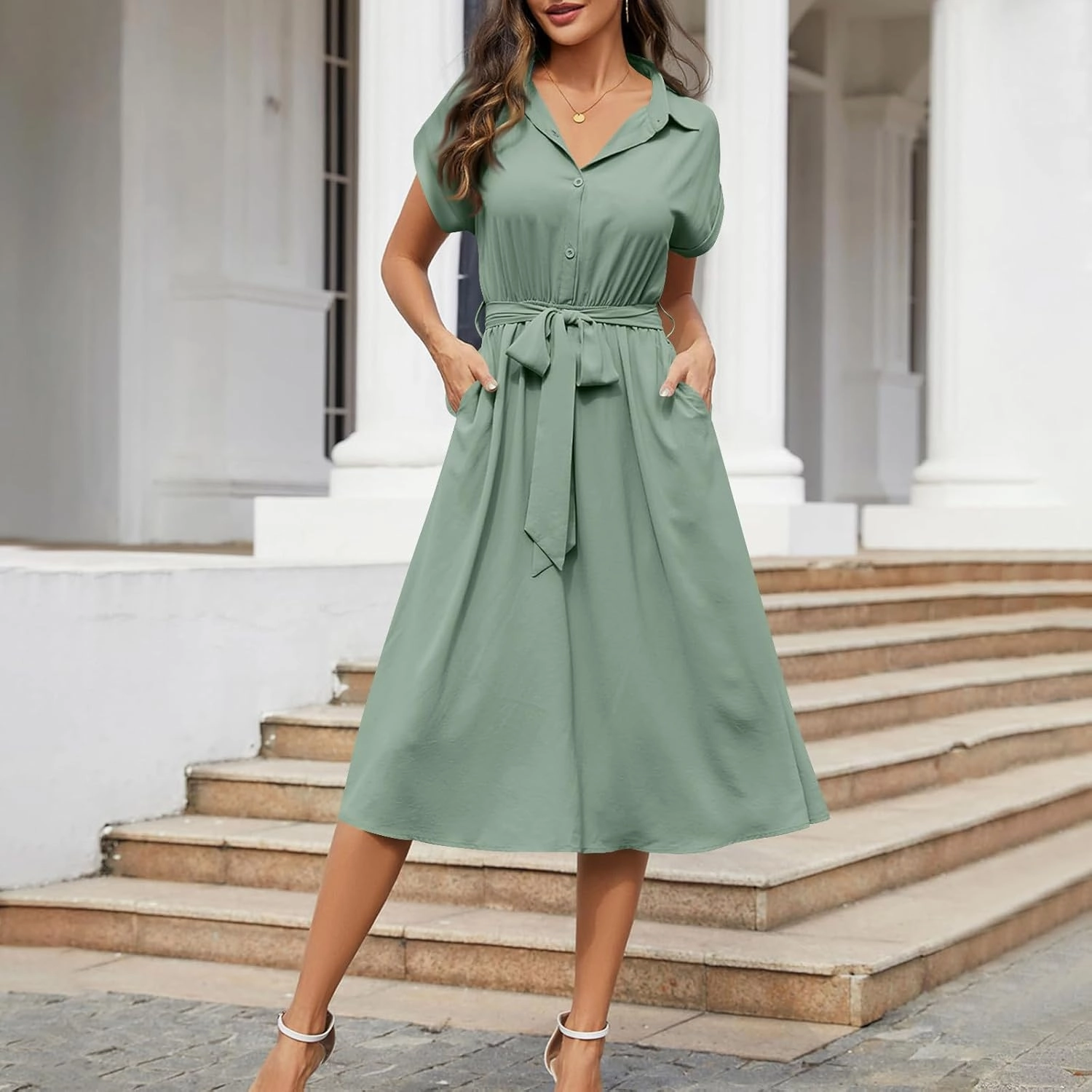 Women's Summer V-Neck Collared Midi Dresses Soft Smocked Tiered Swing Dress with Belt Casual Stretch Elegant Shirt Dress