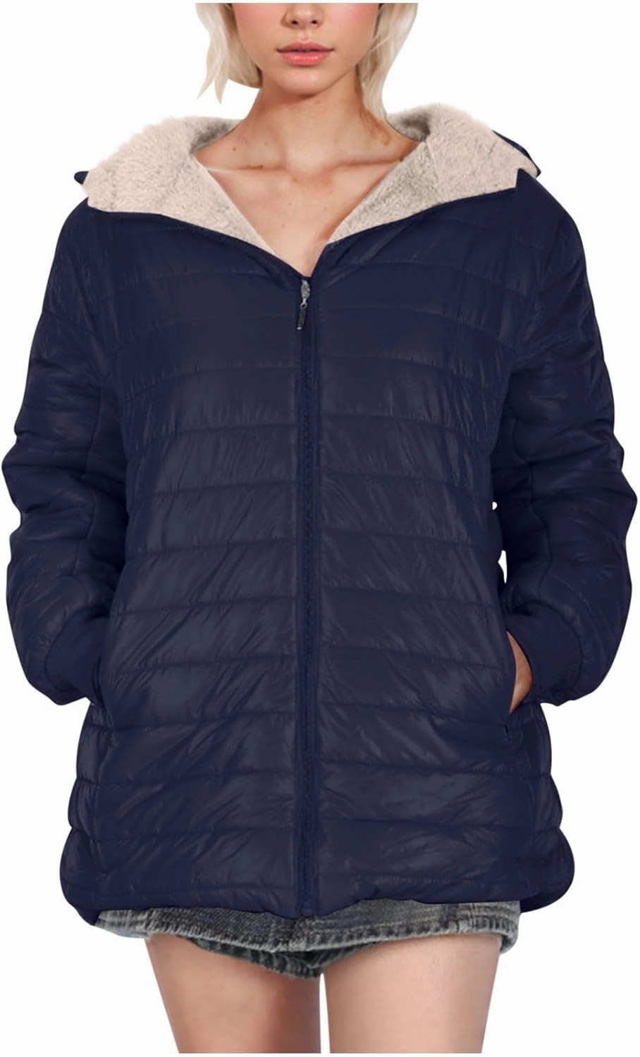 Women's Winter Coats Long Sleeve Fleece Lined Puffer Coat Full Zip Baggy Winter Jacket with Pockets
