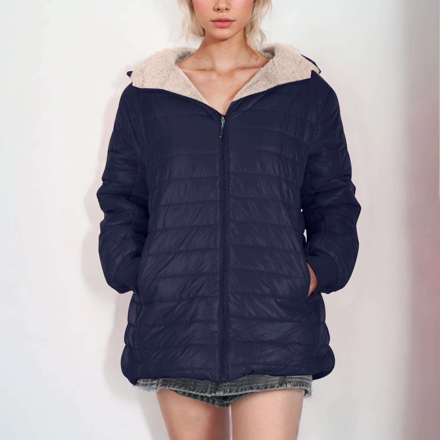 Women's Winter Coats Long Sleeve Fleece Lined Puffer Coat Full Zip Baggy Winter Jacket with Pockets