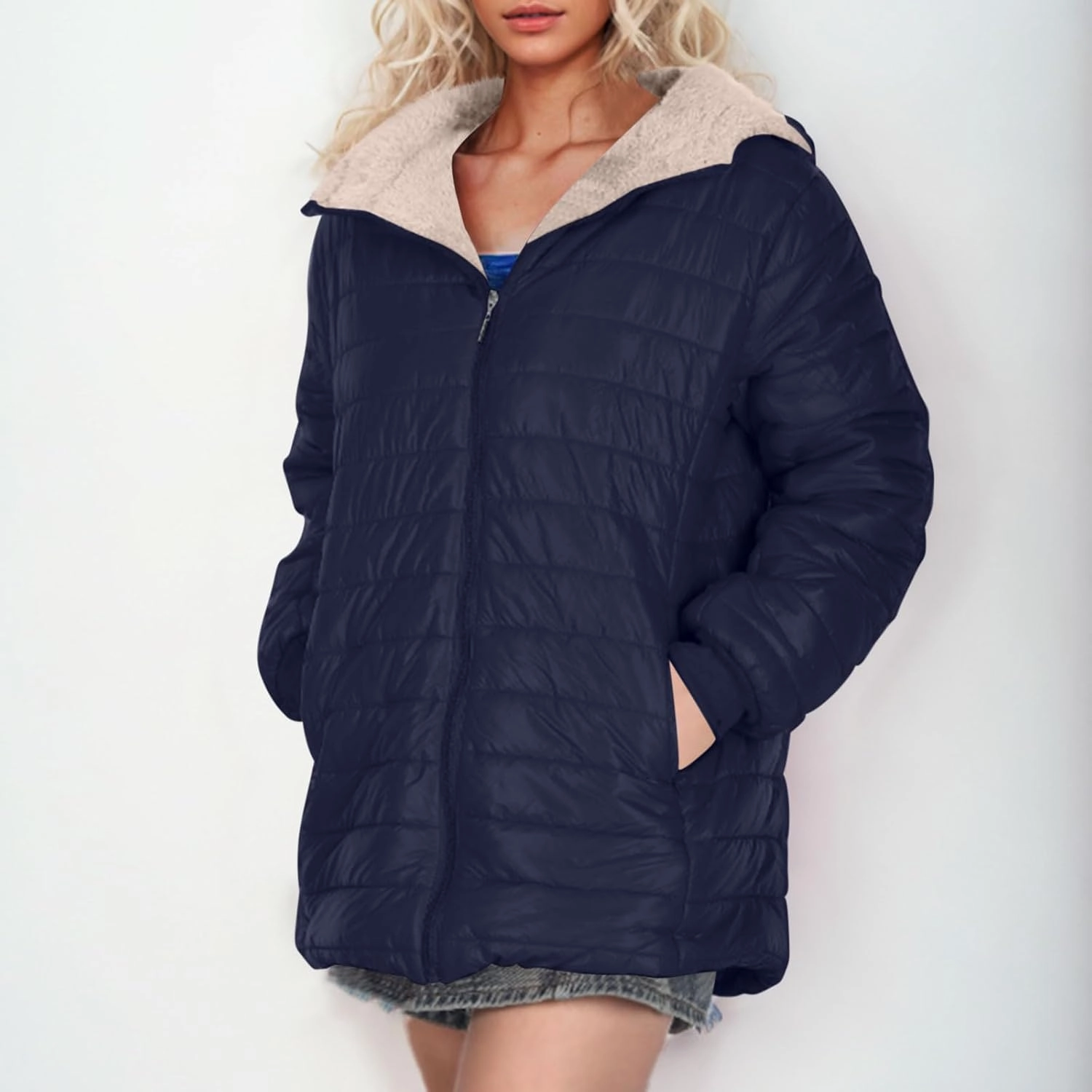 Women's Winter Coats Long Sleeve Fleece Lined Puffer Coat Full Zip Baggy Winter Jacket with Pockets