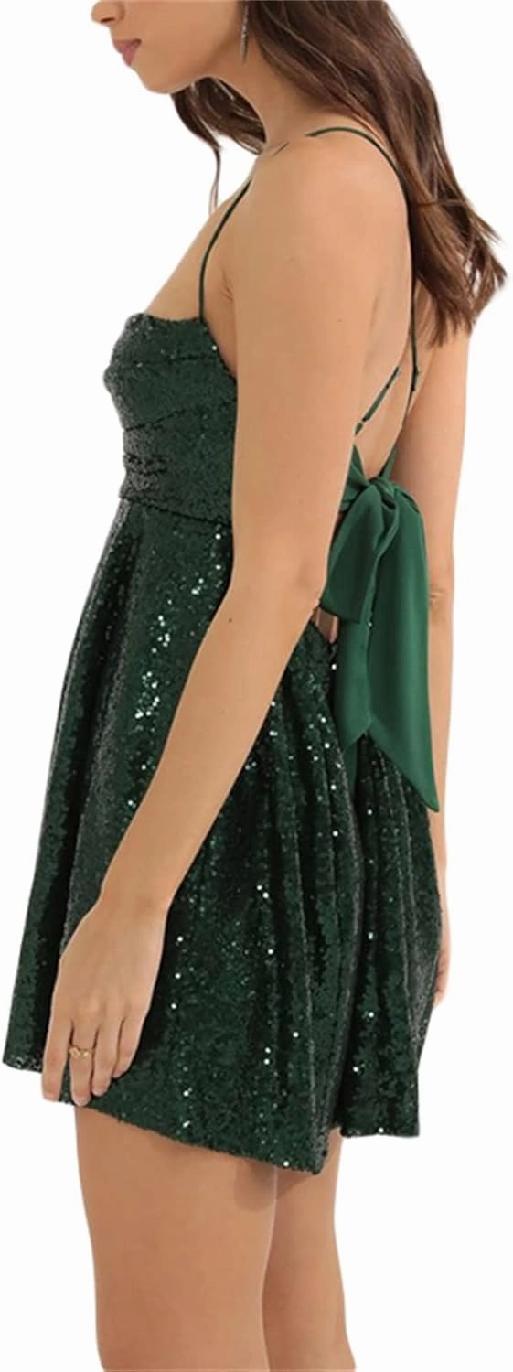 Women Sparkle Sequin Mini Dress Spaghetti Strap Backless Glitter Dress Low Cut Slim Fit Bodycon Dress Disco Party Clubwear