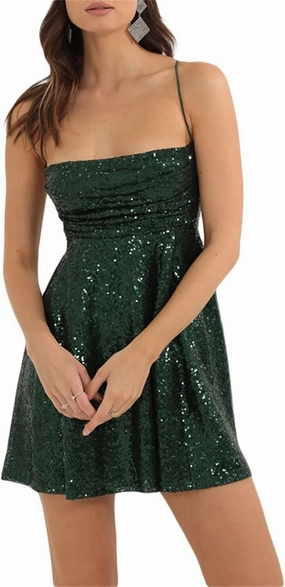 Women Sparkle Sequin Mini Dress Spaghetti Strap Backless Glitter Dress Low Cut Slim Fit Bodycon Dress Disco Party Clubwear