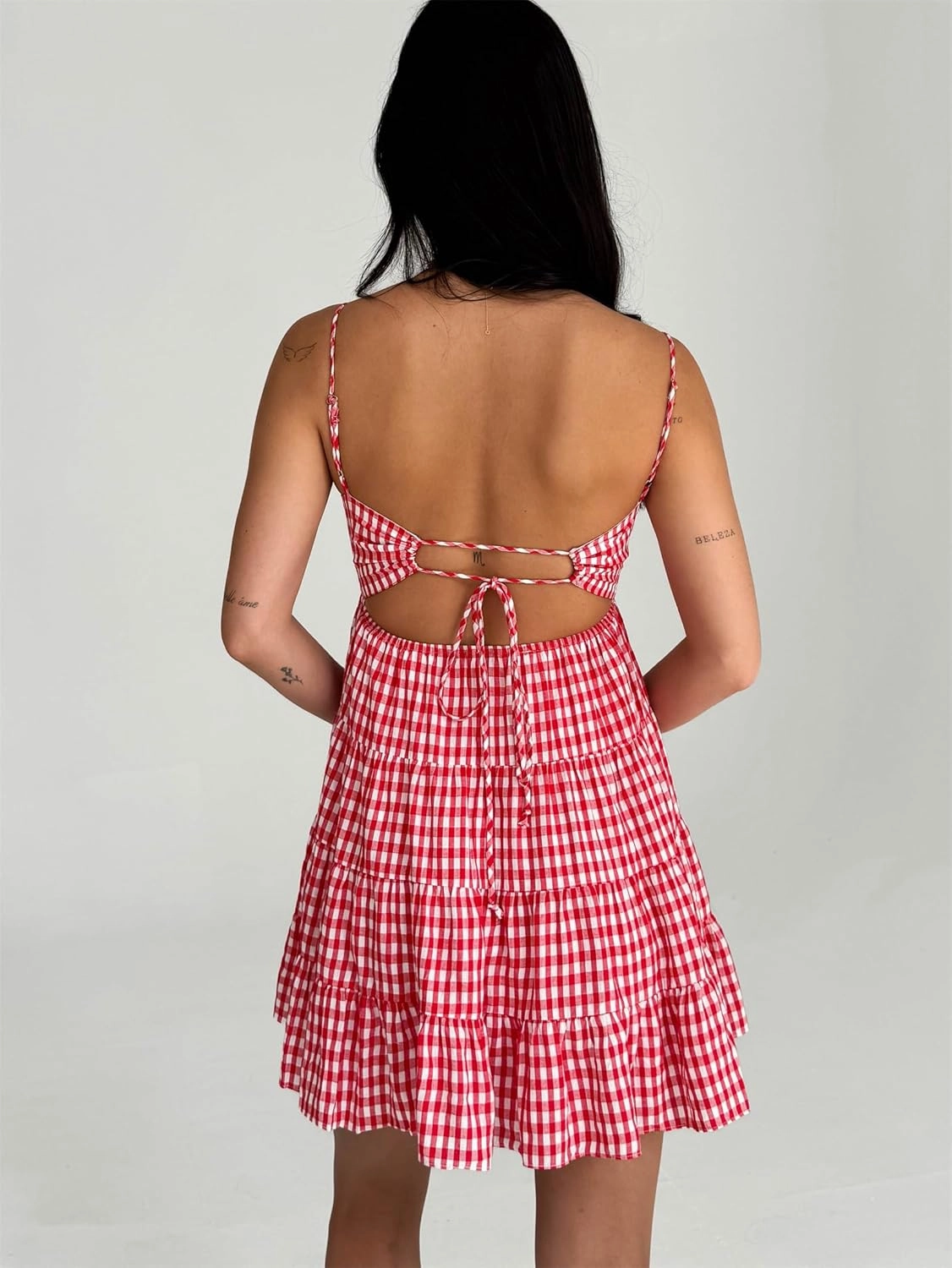 Women Summer Plaid Mini Dress Casual Y2k Gingham Spaghetti Strap Going Out Outfit Cute Flowy Swing Loose Fit Clubwear