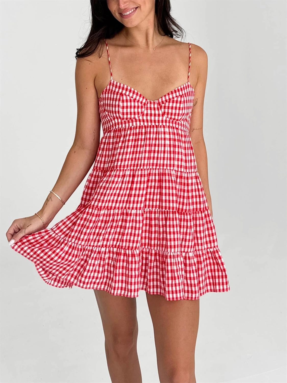 Women Summer Plaid Mini Dress Casual Y2k Gingham Spaghetti Strap Going Out Outfit Cute Flowy Swing Loose Fit Clubwear