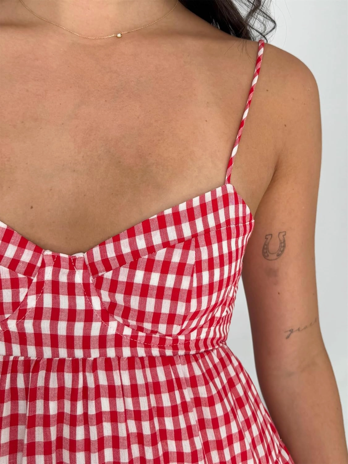 Women Summer Plaid Mini Dress Casual Y2k Gingham Spaghetti Strap Going Out Outfit Cute Flowy Swing Loose Fit Clubwear