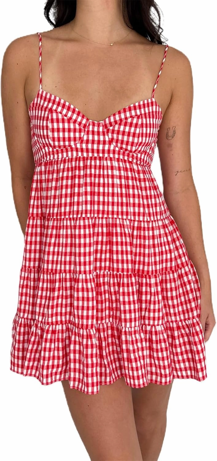 Women Summer Plaid Mini Dress Casual Y2k Gingham Spaghetti Strap Going Out Outfit Cute Flowy Swing Loose Fit Clubwear