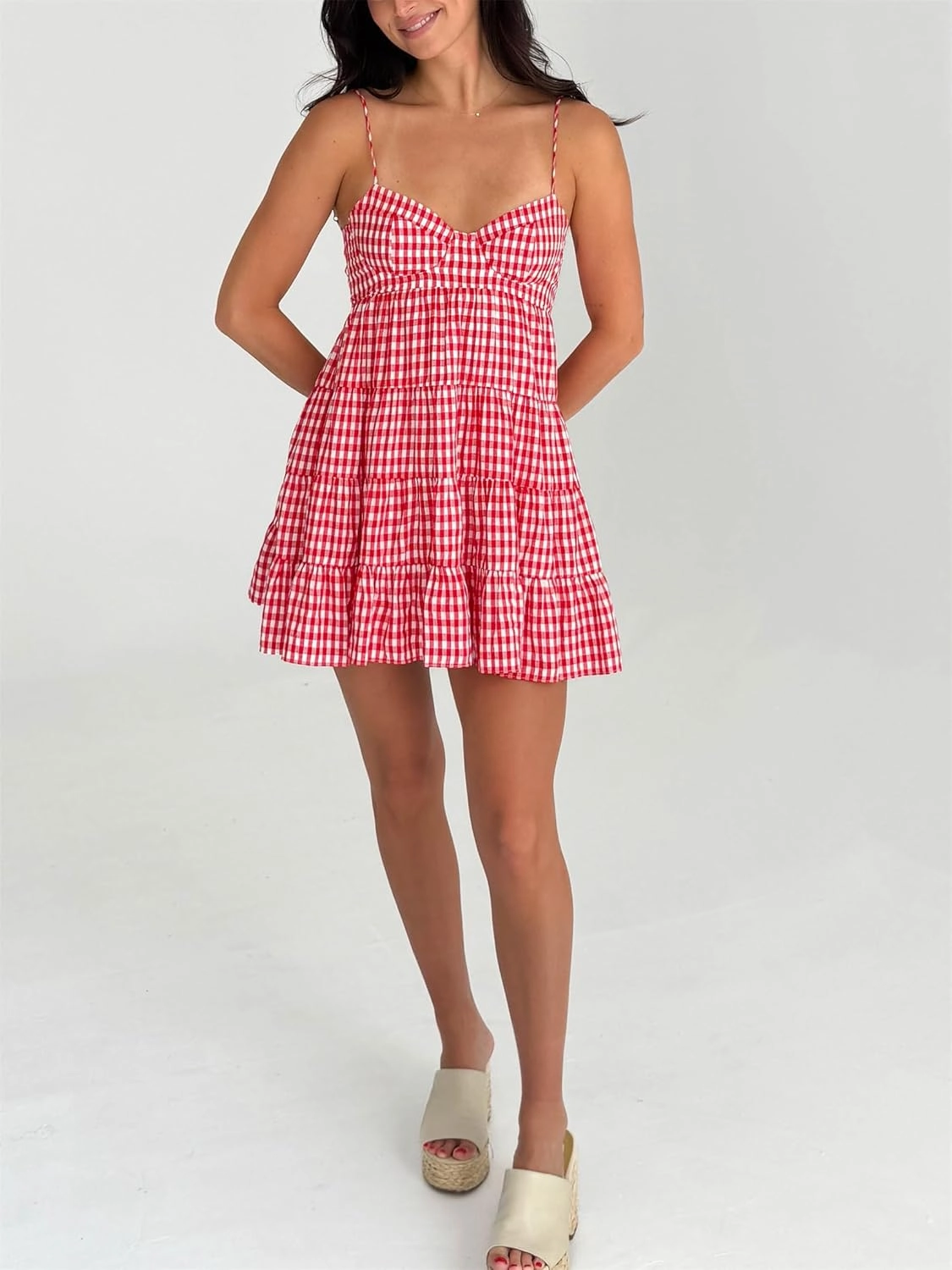 Women Summer Plaid Mini Dress Casual Y2k Gingham Spaghetti Strap Going Out Outfit Cute Flowy Swing Loose Fit Clubwear