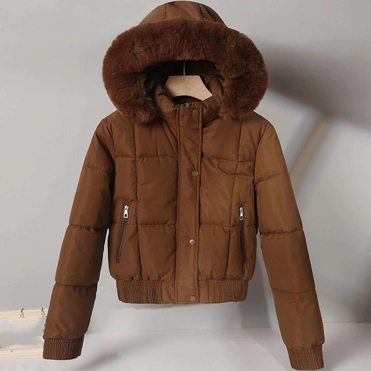 Women Winter Jacket Thicken Fleece Lined Puffer Jacket Long Sleeve Zip Up Warm Winter Coats with Fleece Hood