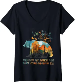 Womens And Into The Forest I Go To Lose My Mind Camping Bear V-Neck T-Shirt