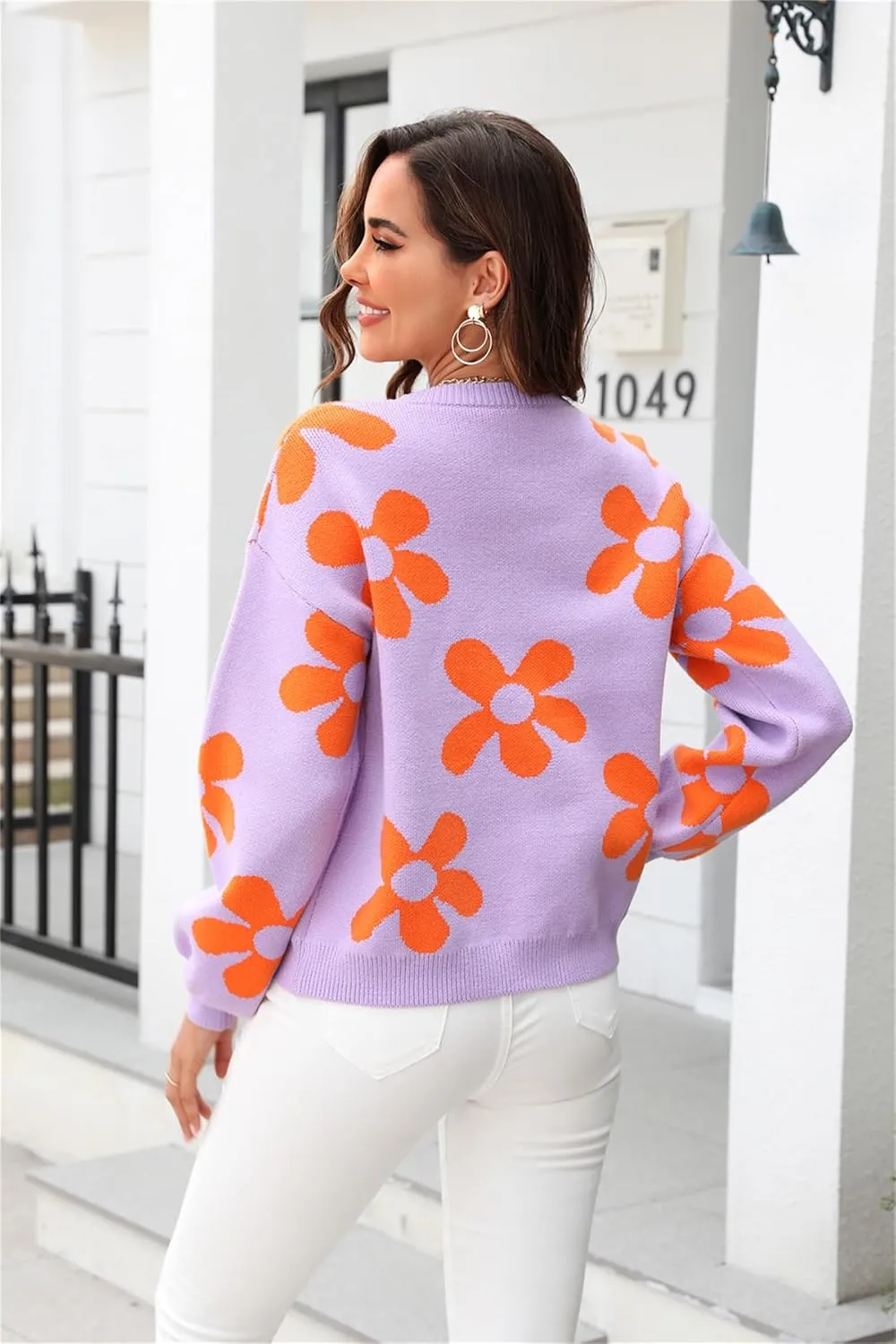 Womens Autumn Winter Sweaters Warm Comfortable Pullovers Casual Fashion Cardigans Ladies Printed Flower Sweater