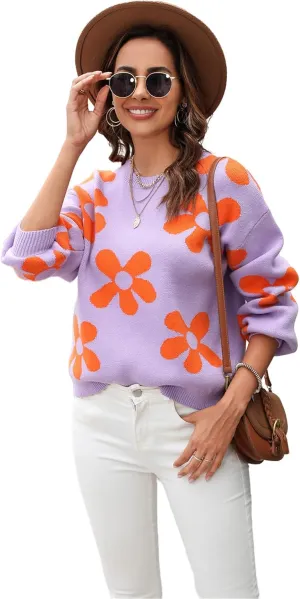 Womens Autumn Winter Sweaters Warm Comfortable Pullovers Casual Fashion Cardigans Ladies Printed Flower Sweater