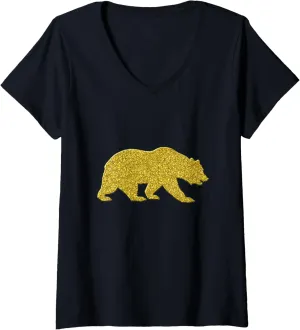 Womens Bear Vintage, Golden retro animal symbol V-Neck T-Shirt