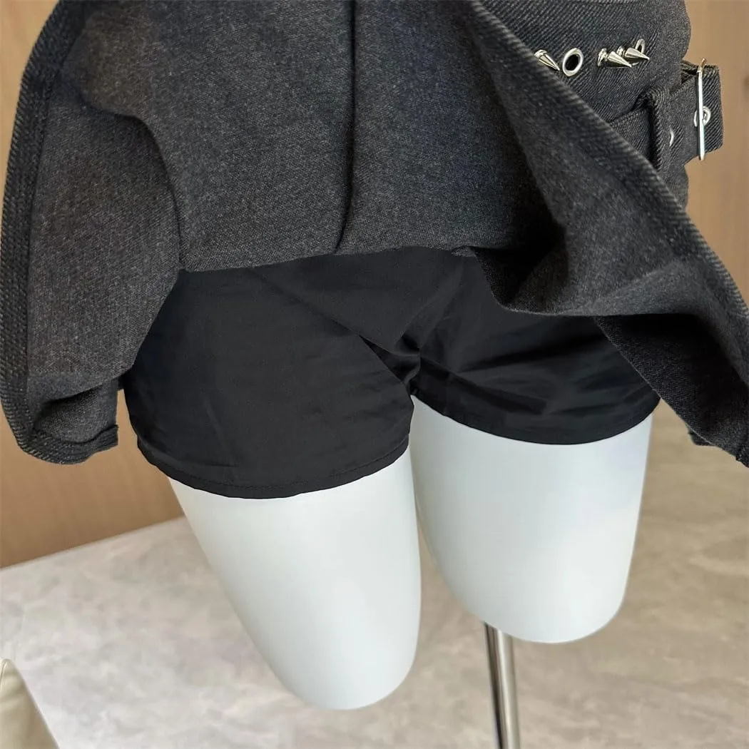 Women's Black Gothic Rivets Mini Skirt Y2K High Street Vintage A-Line Pleated Denim Skirts