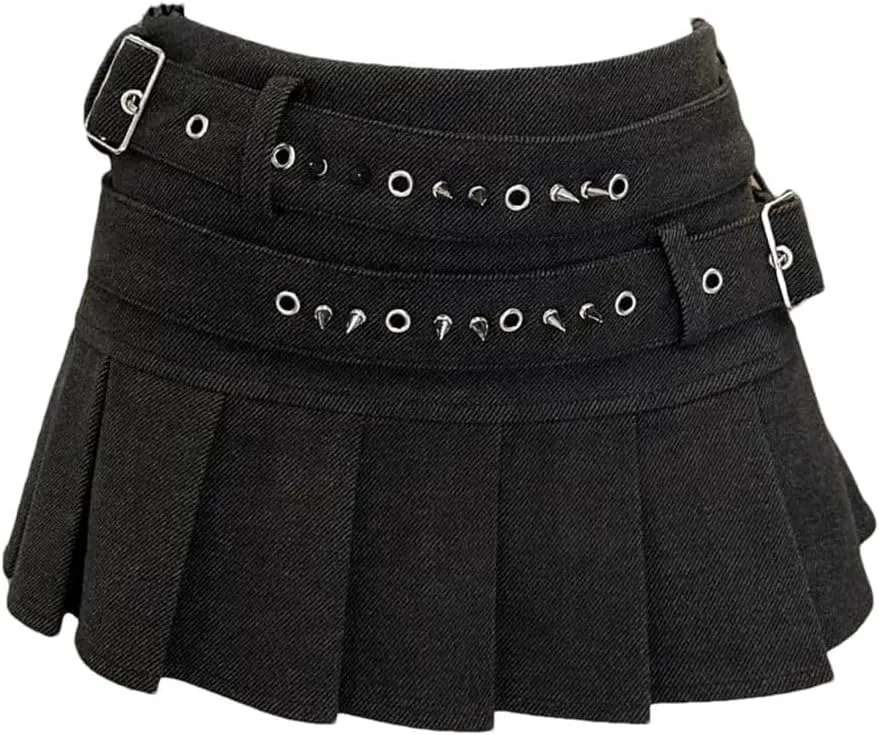 Women's Black Gothic Rivets Mini Skirt Y2K High Street Vintage A-Line Pleated Denim Skirts