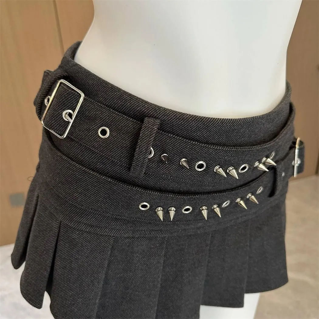 Women's Black Gothic Rivets Mini Skirt Y2K High Street Vintage A-Line Pleated Denim Skirts
