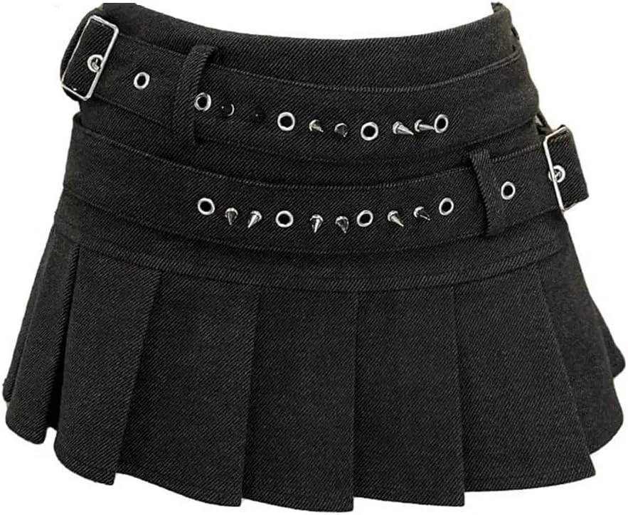 Women's Black Gothic Rivets Mini Skirt Y2K High Street Vintage A-Line Pleated Denim Skirts