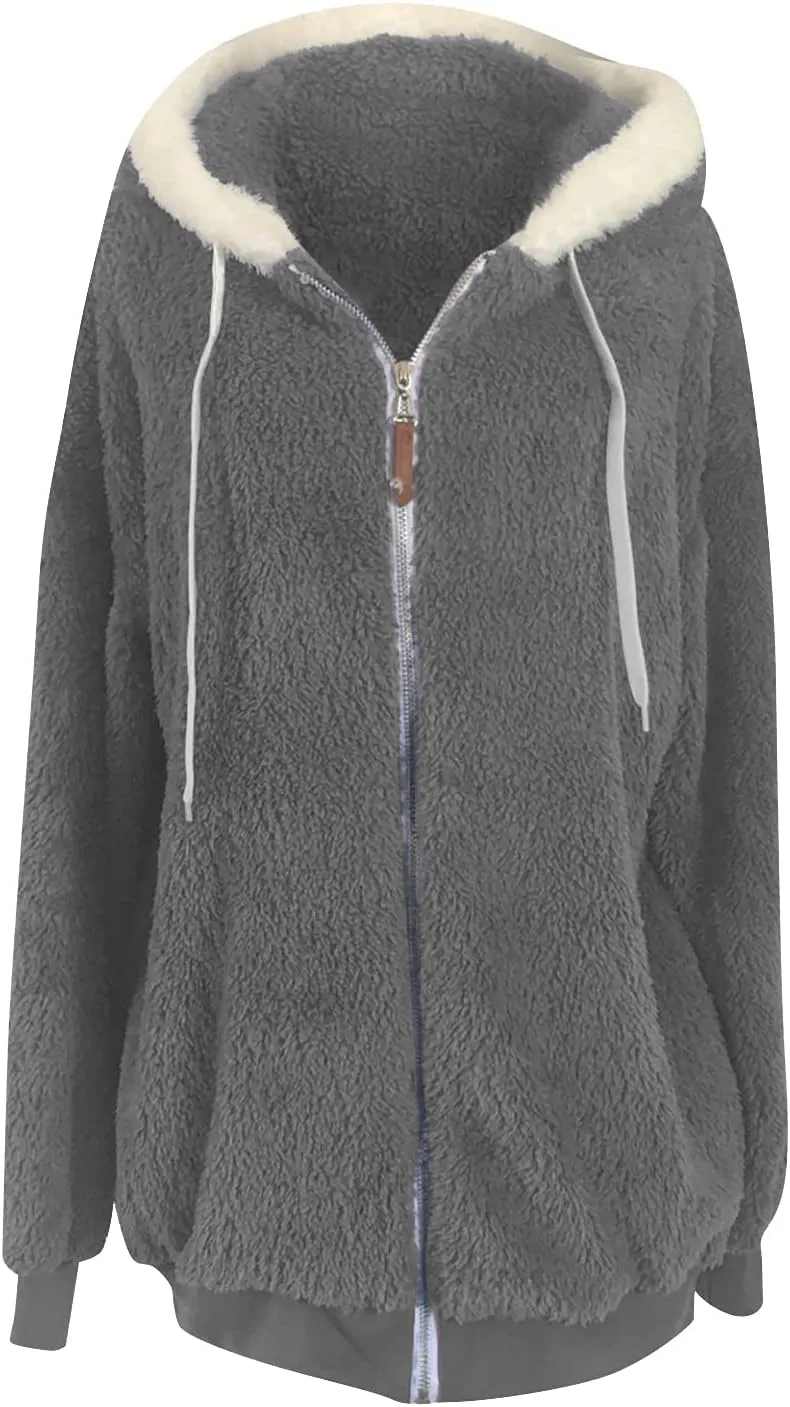 Women's Contrasting Lamb Wool Padded Coat Trendy Faux Shearling Coat Warm Hooded Zip Up Fuzzy Winter Jacket with Pockets