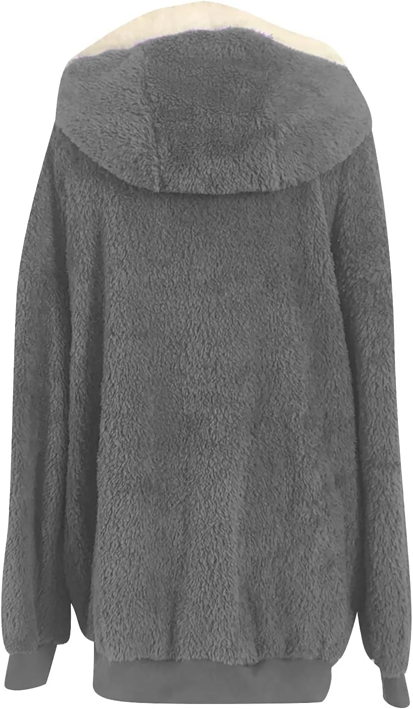 Women's Contrasting Lamb Wool Padded Coat Trendy Faux Shearling Coat Warm Hooded Zip Up Fuzzy Winter Jacket with Pockets