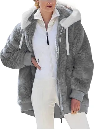 Women's Contrasting Lamb Wool Padded Coat Trendy Faux Shearling Coat Warm Hooded Zip Up Fuzzy Winter Jacket with Pockets