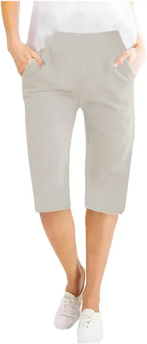 Womens Linen Bermuda Shorts High Waist Baggy Knee Length Paperbag Shorts Summer Casual Vintage Flowy Active Shorts