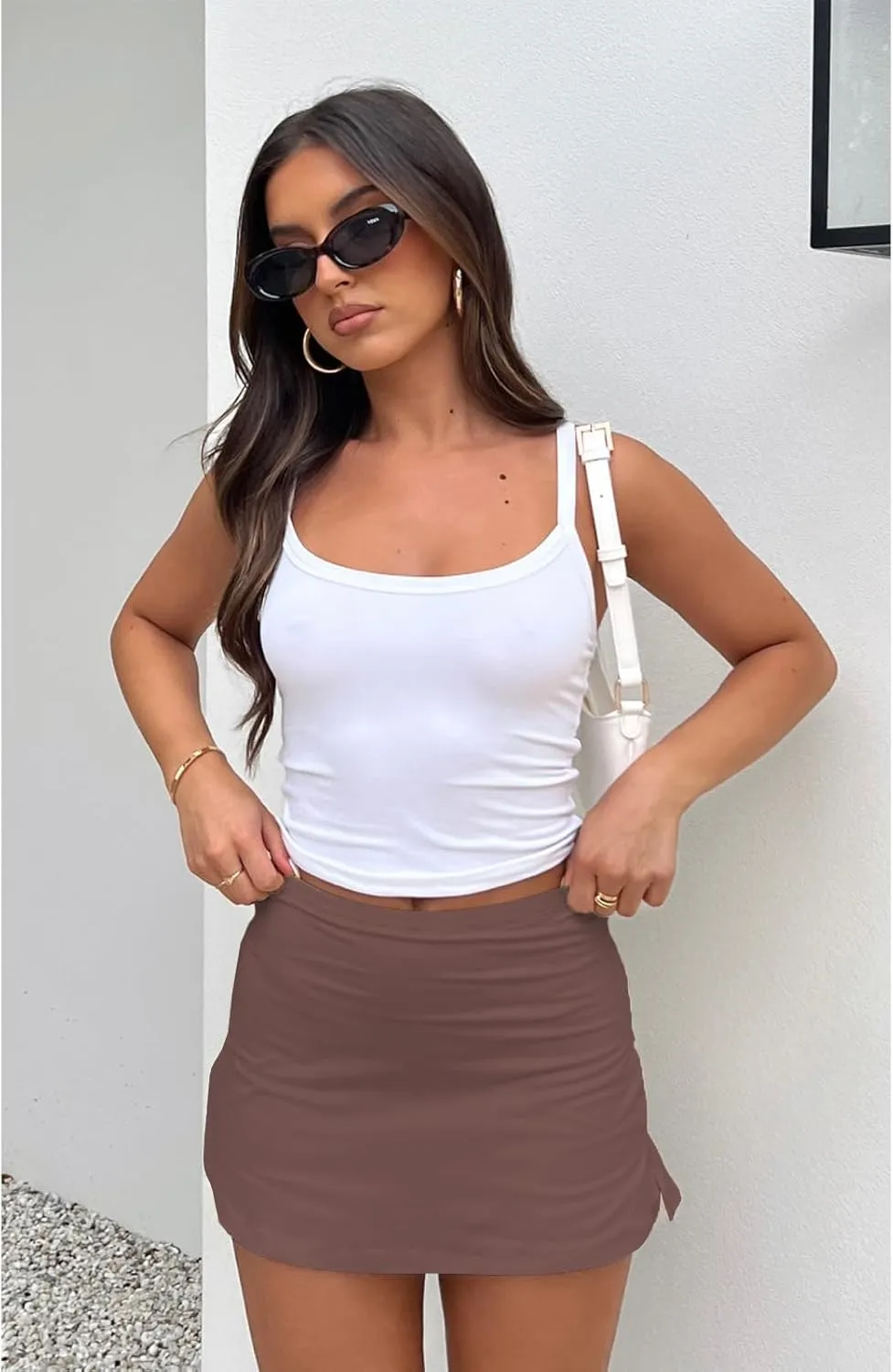 Womens Mini Skort, Mid Waist Sexy Side Split Hem Summer Y2k Bodycon Mini Skirt with Shorts