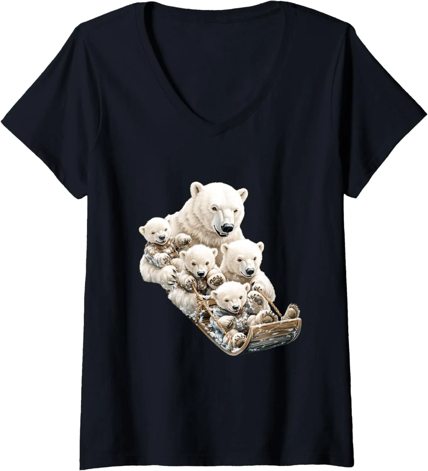 Womens Polar Bear Family Sledding Winter Fun V-Neck T-Shirt