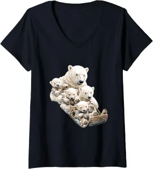 Womens Polar Bear Family Sledding Winter Fun V-Neck T-Shirt