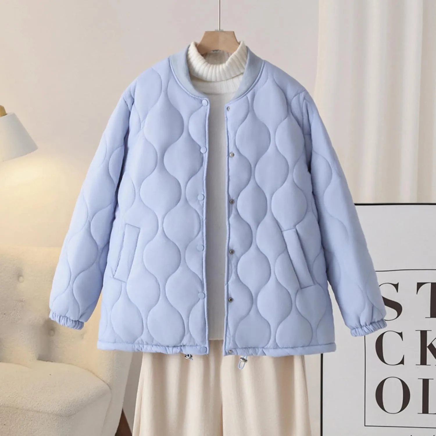 Women's Quilted Jacket Long Sleeve Lightweight Puffer Jacket Button Baggy Winter Coats with Pockets