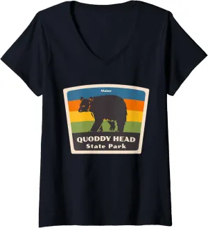 Womens Retro Quoddy Head State Park Maine Bear ME Souvenir V-Neck T-Shirt