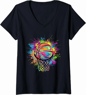 Womens Colourful Tie Dye Basketball Slam Dunk V-Neck T-Shirt